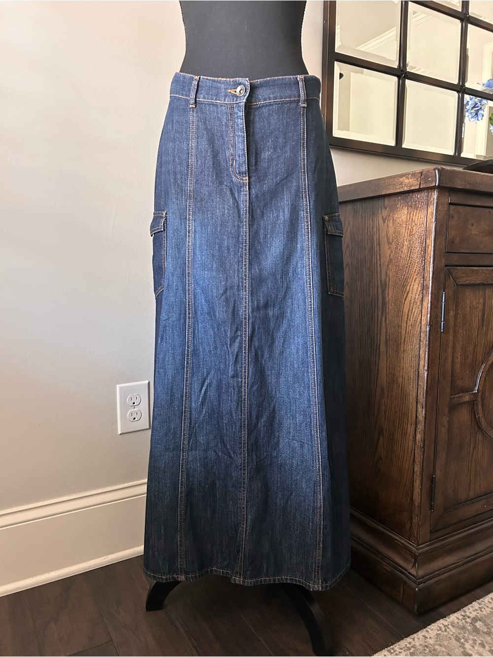 LCW Woman dark wash panel utility cotton denim maxi skirt